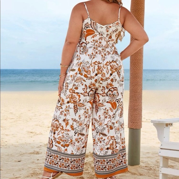 Bohemian Boho Plus Size Floral Paisley Pockets Wide Leg Pants Jumpsuit - Picture 2 of 5